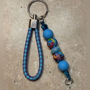 Hand Crafted Purple & Light Blue Braided Keychain with Blue Beaded Charm